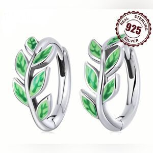 S925 Sterling Silver Green Leaf Design Hoop Earrings
